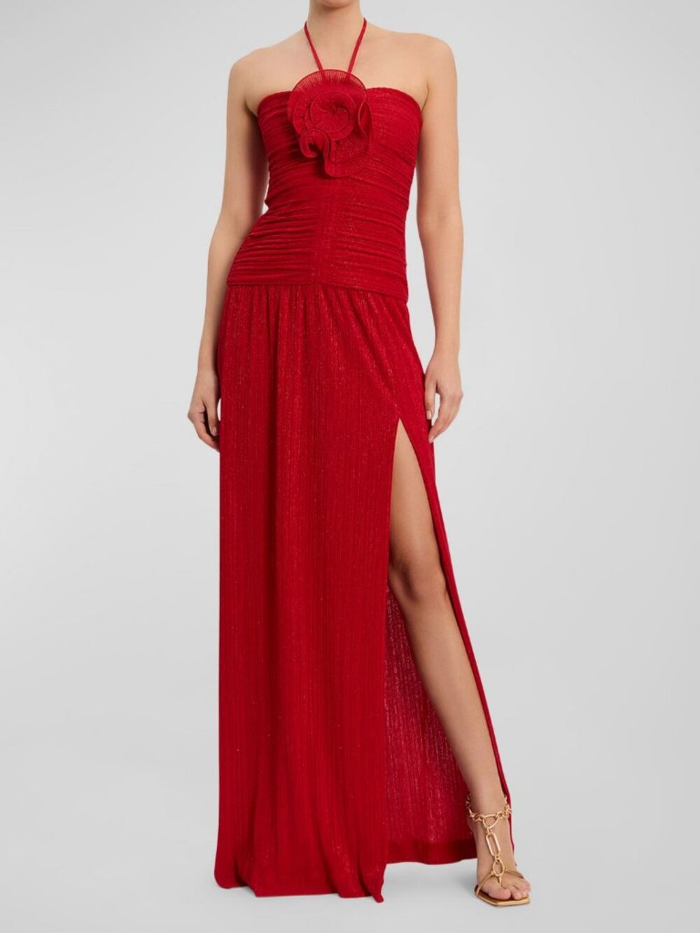 Rebecca Vallance Women's Red Samantha Side-Slit Shimmer Halter Gown Dress Size 6